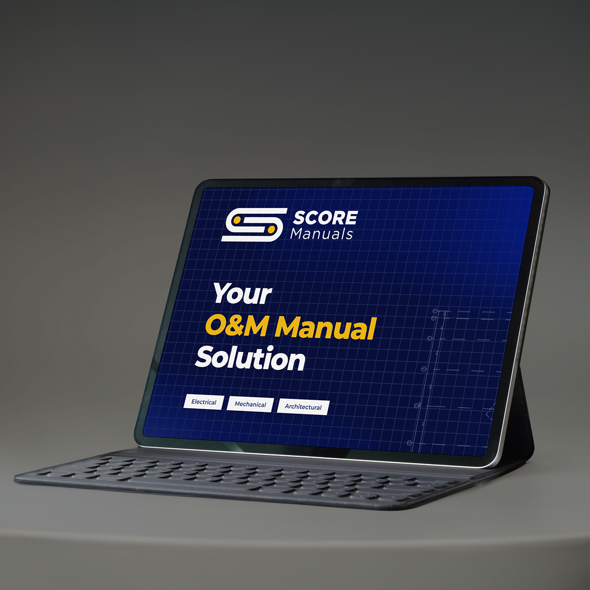 Modern tablet showing Score Manuals O&M Manuals Solution website